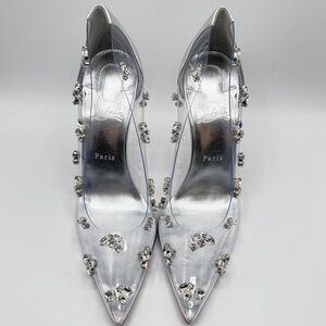 NEW Christian Louboutin Clear PVC Degraqueen Silver Metallic Leather 100 mm Heel